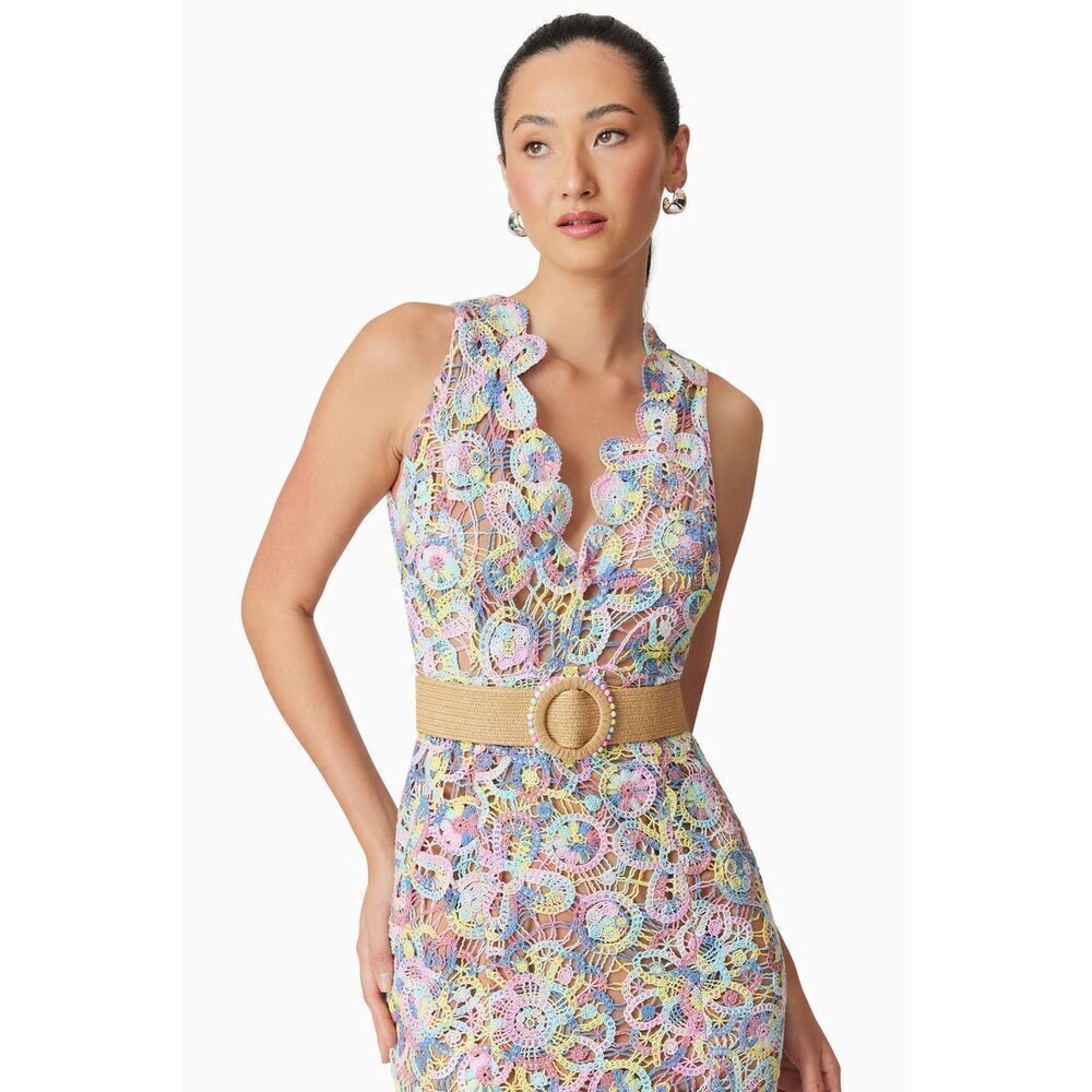 Elliatt Pastel Multicolor Lace V-Neck Wedding Dress with Tan Belt